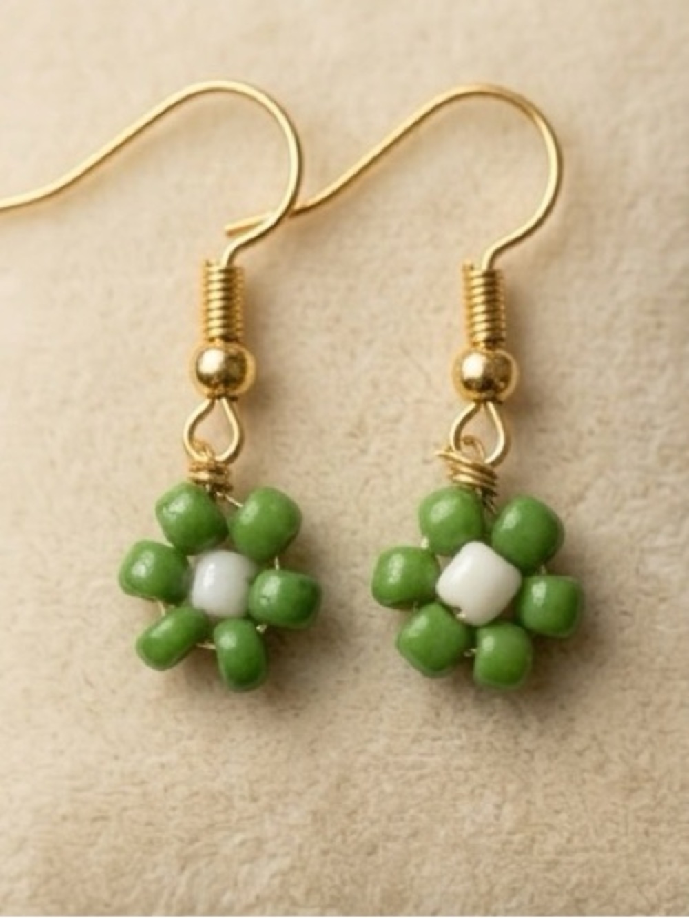 Green Beaded Earrings - Gold Plated Hooks - Picture 2 of 5